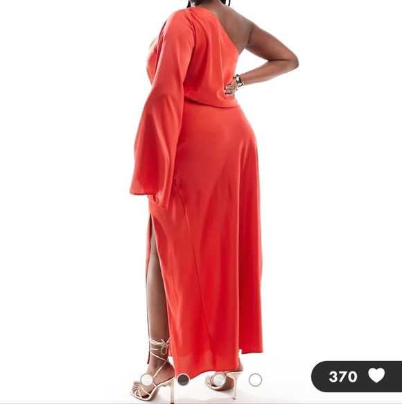 ASOS DESIGN Curve Satin Off The Shoulder Asymmetric Maxi Dress in Red Size 12 - Picture 3 of 13